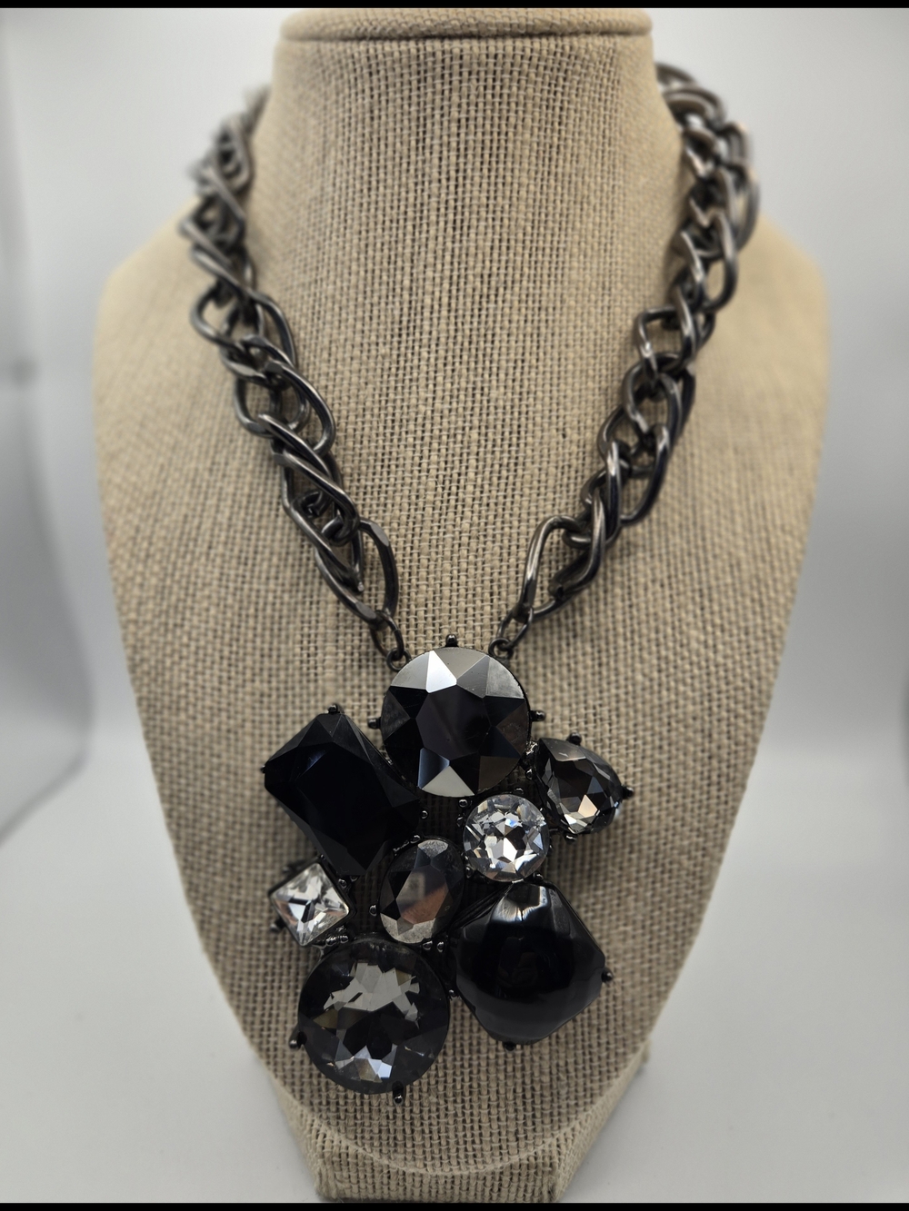 Chico's Bold Gunmetal Chain LG Black Silver Faceted Crystal Cluster Necklace